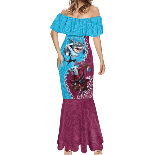 Personalised Eagles And Sharks Rugby Mermaid Dress Aboriginal Mix Polynesian Pattern