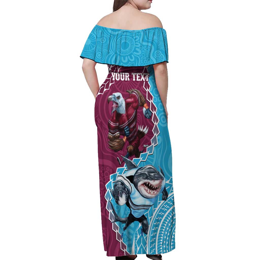 Personalised Eagles And Sharks Rugby Off Shoulder Maxi Dress Aboriginal Mix Polynesian Pattern