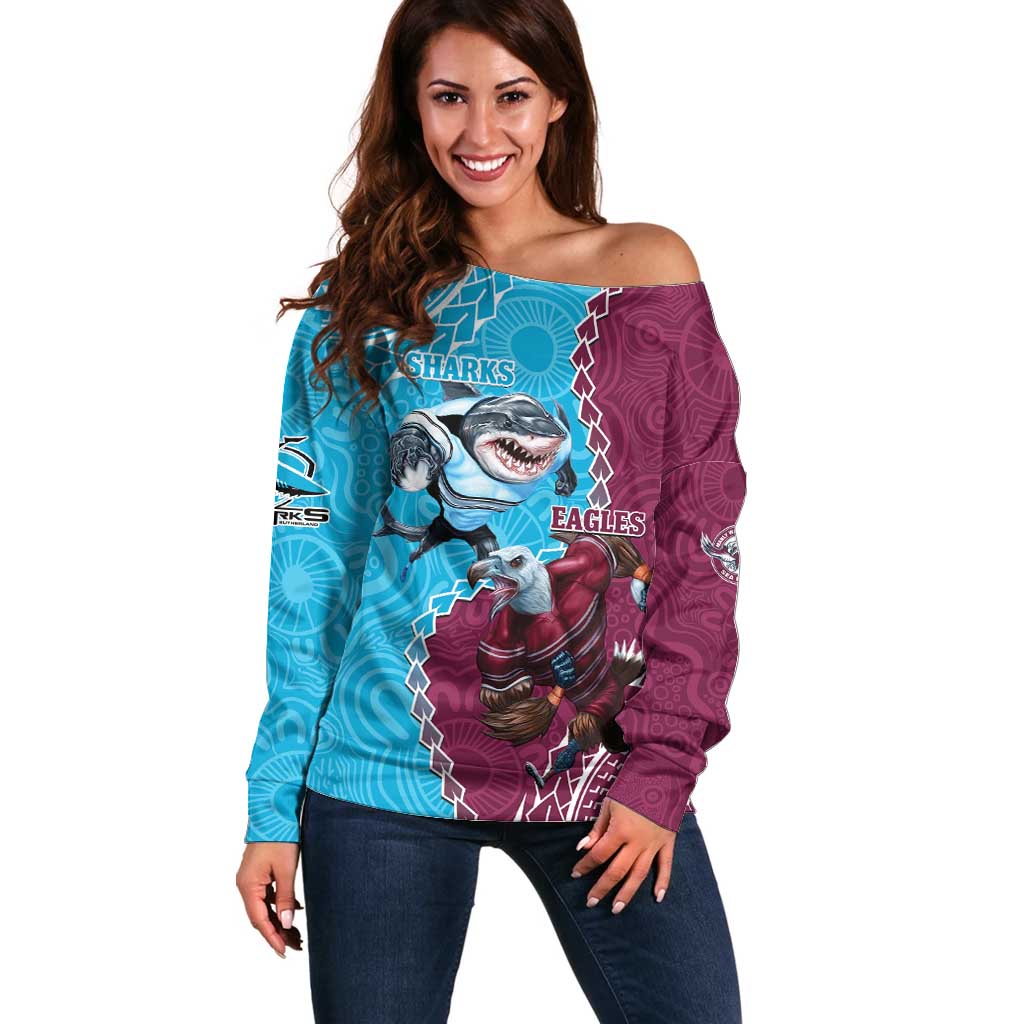 Personalised Eagles And Sharks Rugby Off Shoulder Sweater Aboriginal Mix Polynesian Pattern