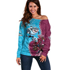 Personalised Eagles And Sharks Rugby Off Shoulder Sweater Aboriginal Mix Polynesian Pattern