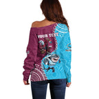 Personalised Eagles And Sharks Rugby Off Shoulder Sweater Aboriginal Mix Polynesian Pattern
