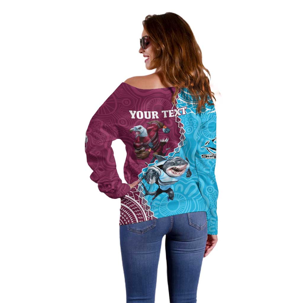 Personalised Eagles And Sharks Rugby Off Shoulder Sweater Aboriginal Mix Polynesian Pattern