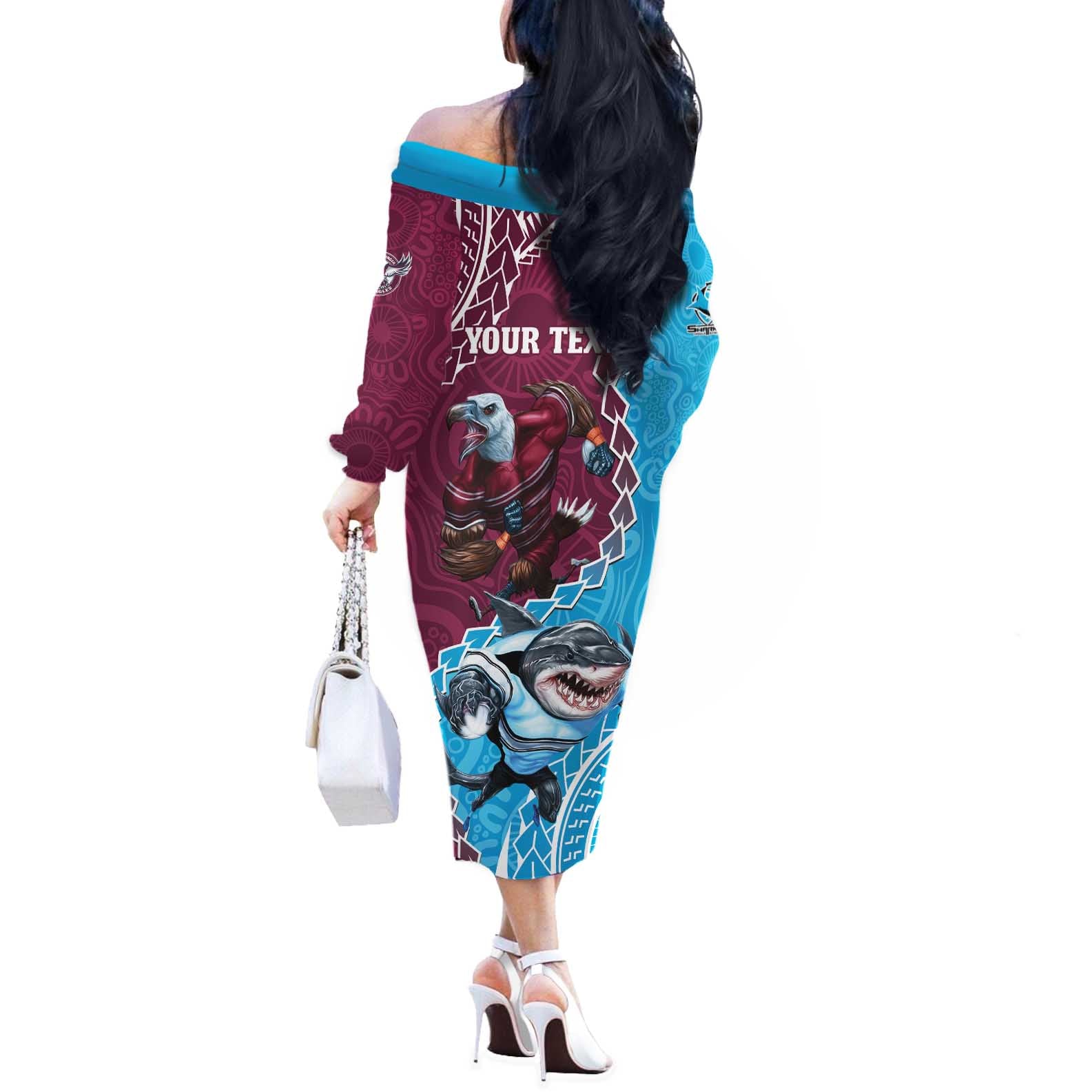 Personalised Eagles And Sharks Rugby Off The Shoulder Long Sleeve Dress Aboriginal Mix Polynesian Pattern