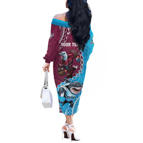 Personalised Eagles And Sharks Rugby Off The Shoulder Long Sleeve Dress Aboriginal Mix Polynesian Pattern
