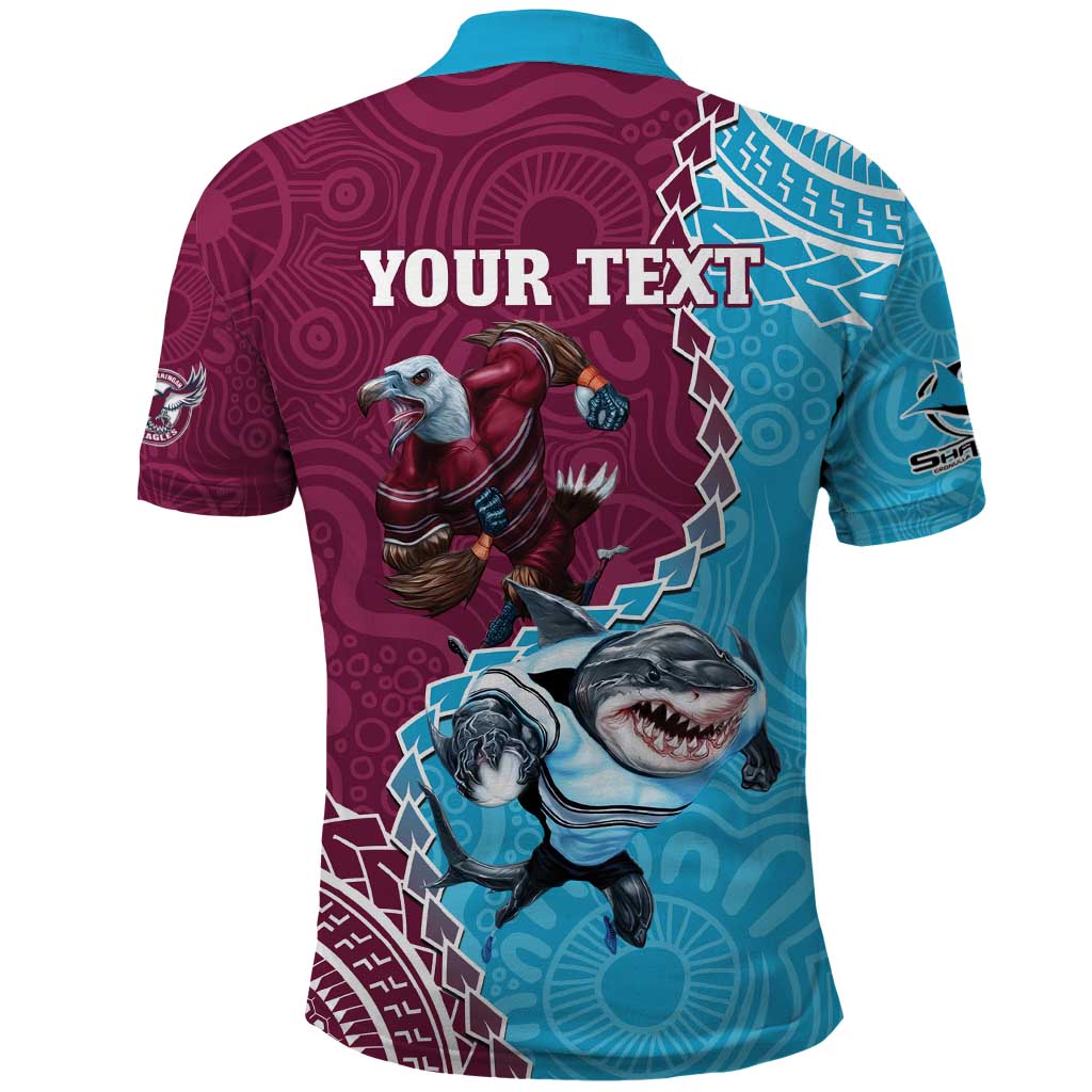 Personalised Eagles And Sharks Rugby Polo Shirt Aboriginal Mix Polynesian Pattern