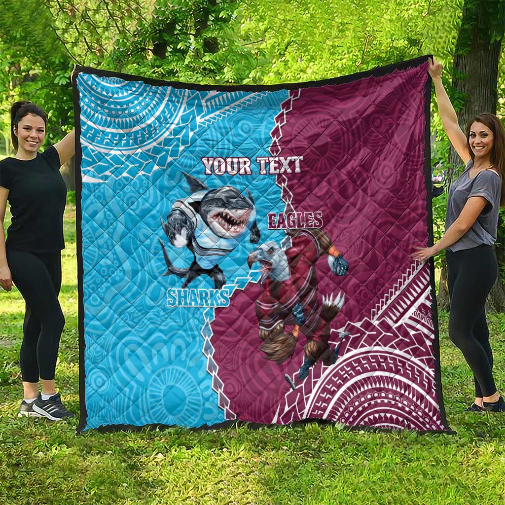 Personalised Eagles And Sharks Rugby Quilt Aboriginal Mix Polynesian Pattern
