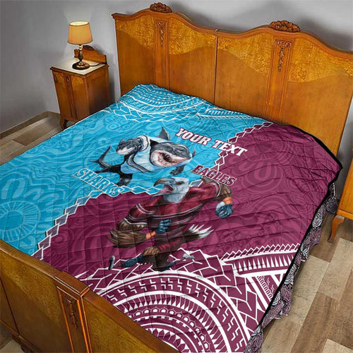 Personalised Eagles And Sharks Rugby Quilt Aboriginal Mix Polynesian Pattern