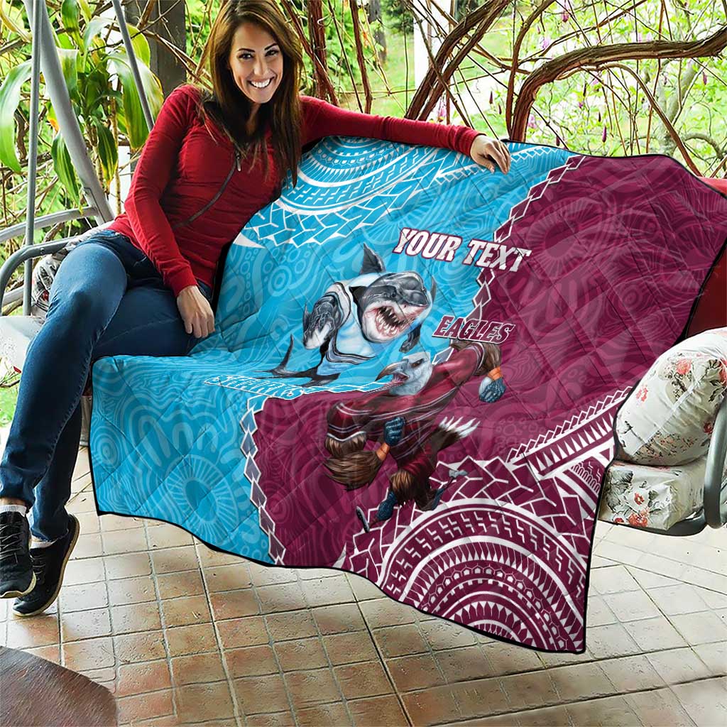 Personalised Eagles And Sharks Rugby Quilt Aboriginal Mix Polynesian Pattern