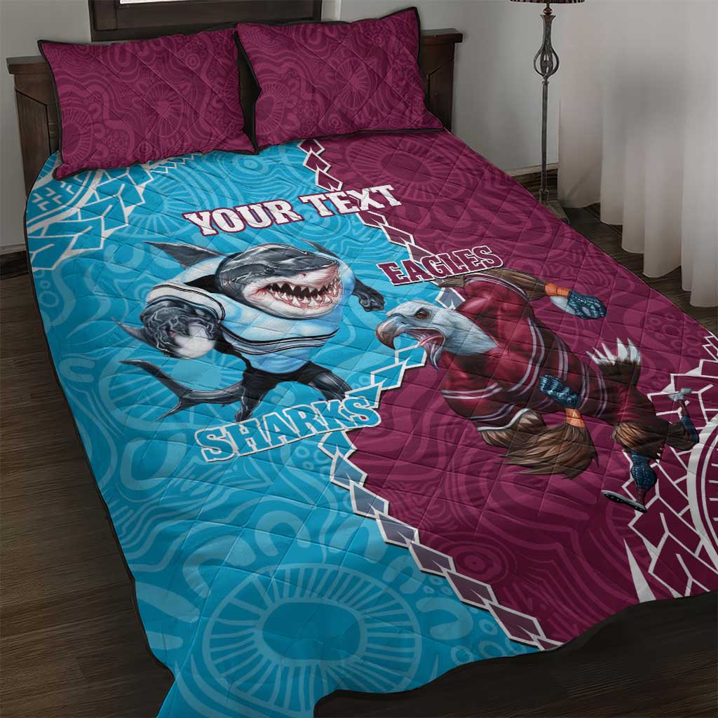Personalised Eagles And Sharks Rugby Quilt Bed Set Aboriginal Mix Polynesian Pattern