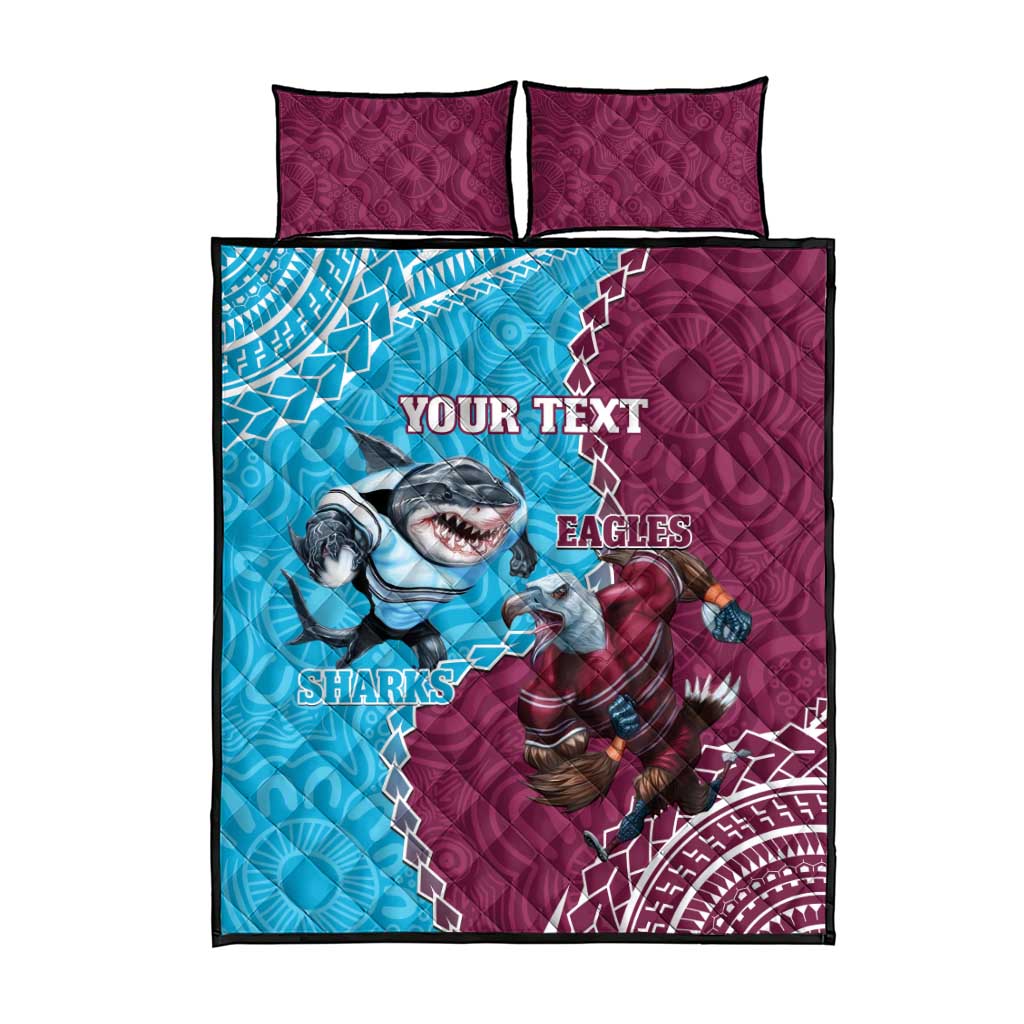 Personalised Eagles And Sharks Rugby Quilt Bed Set Aboriginal Mix Polynesian Pattern