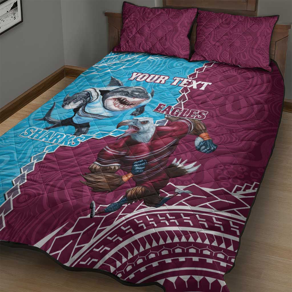 Personalised Eagles And Sharks Rugby Quilt Bed Set Aboriginal Mix Polynesian Pattern