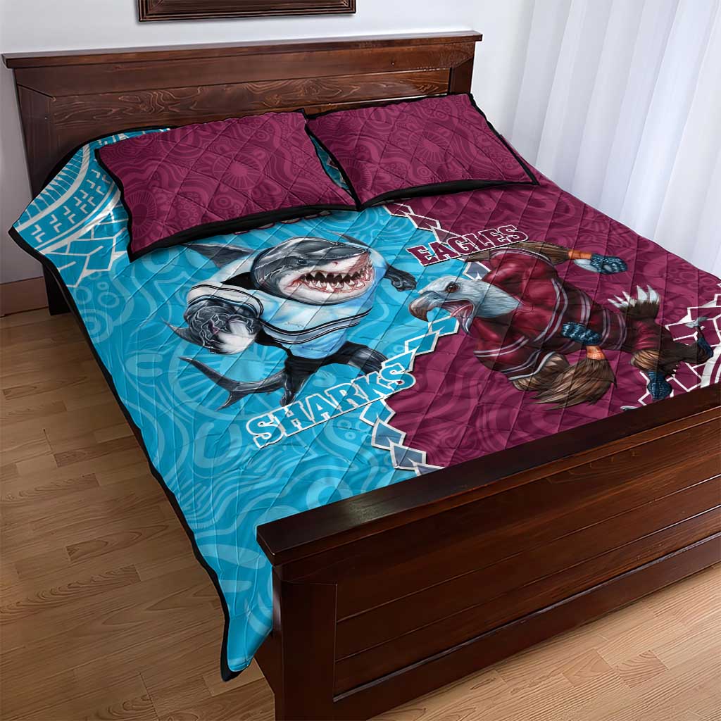 Personalised Eagles And Sharks Rugby Quilt Bed Set Aboriginal Mix Polynesian Pattern