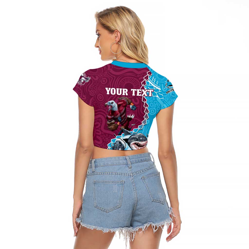 Personalised Eagles And Sharks Rugby Raglan Cropped T Shirt Aboriginal Mix Polynesian Pattern