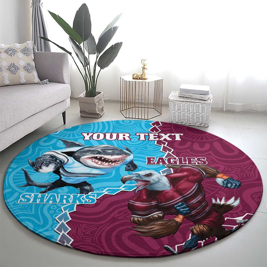 Personalised Eagles And Sharks Rugby Round Carpet Aboriginal Mix Polynesian Pattern