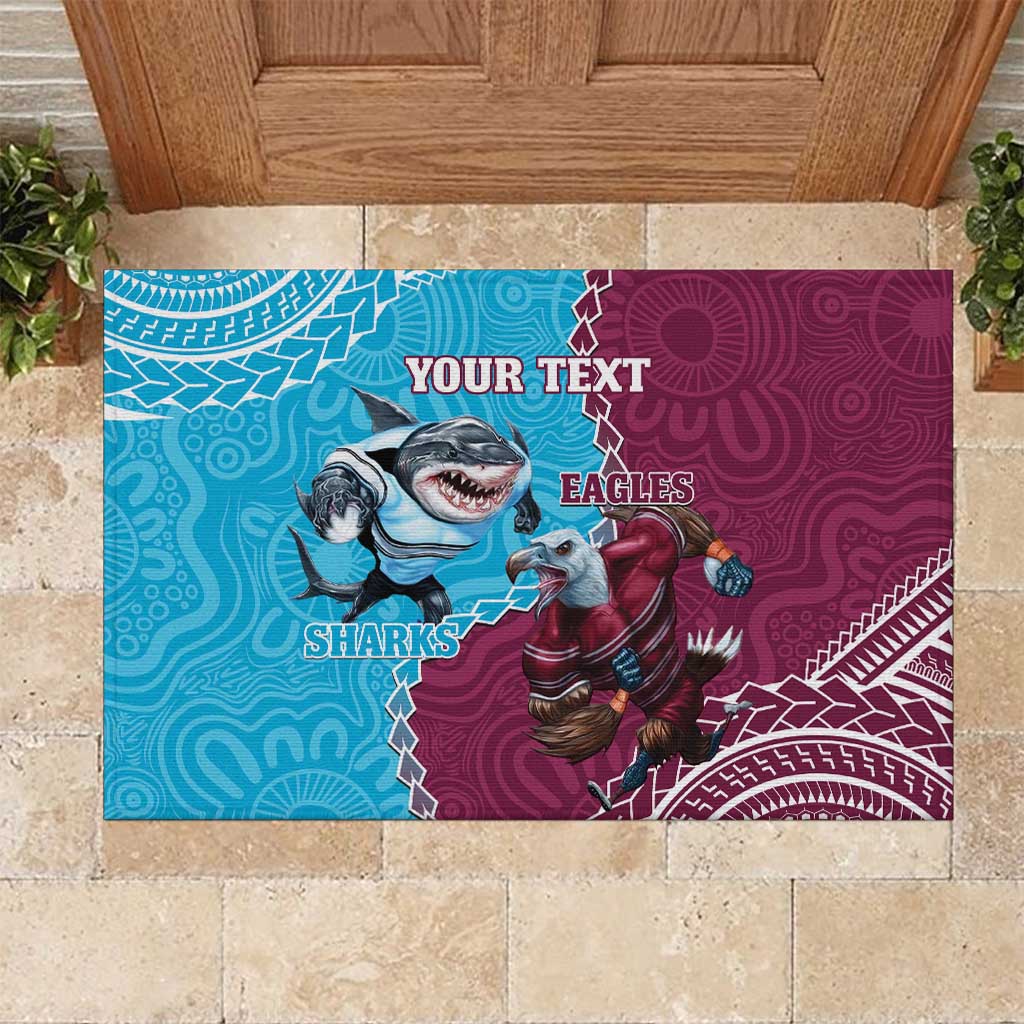 Personalised Eagles And Sharks Rugby Rubber Doormat Aboriginal Mix Polynesian Pattern