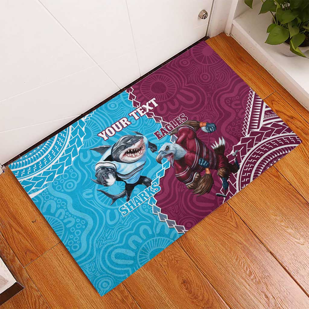 Personalised Eagles And Sharks Rugby Rubber Doormat Aboriginal Mix Polynesian Pattern