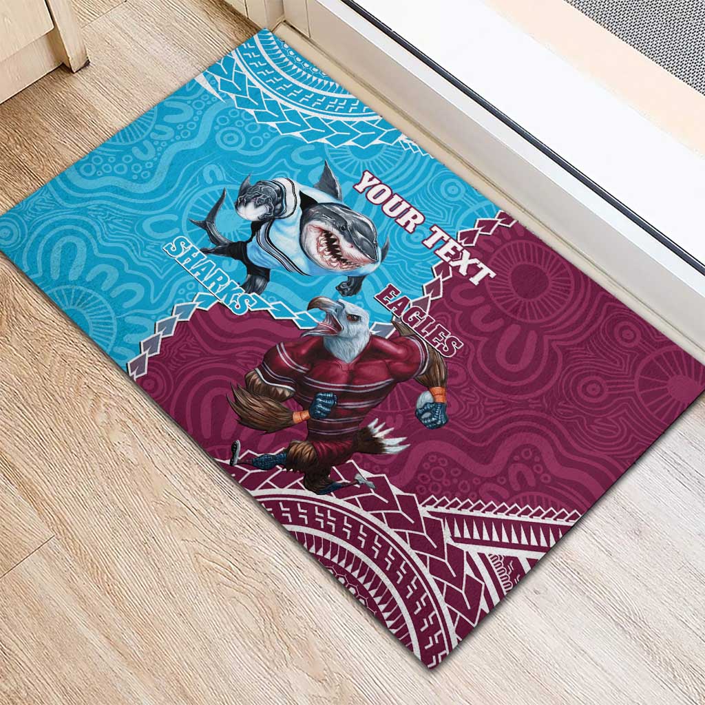 Personalised Eagles And Sharks Rugby Rubber Doormat Aboriginal Mix Polynesian Pattern