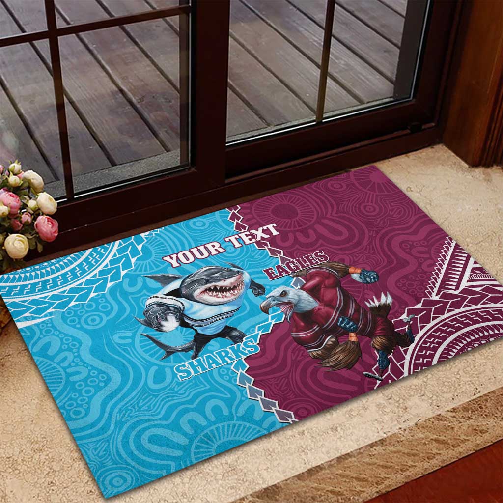 Personalised Eagles And Sharks Rugby Rubber Doormat Aboriginal Mix Polynesian Pattern