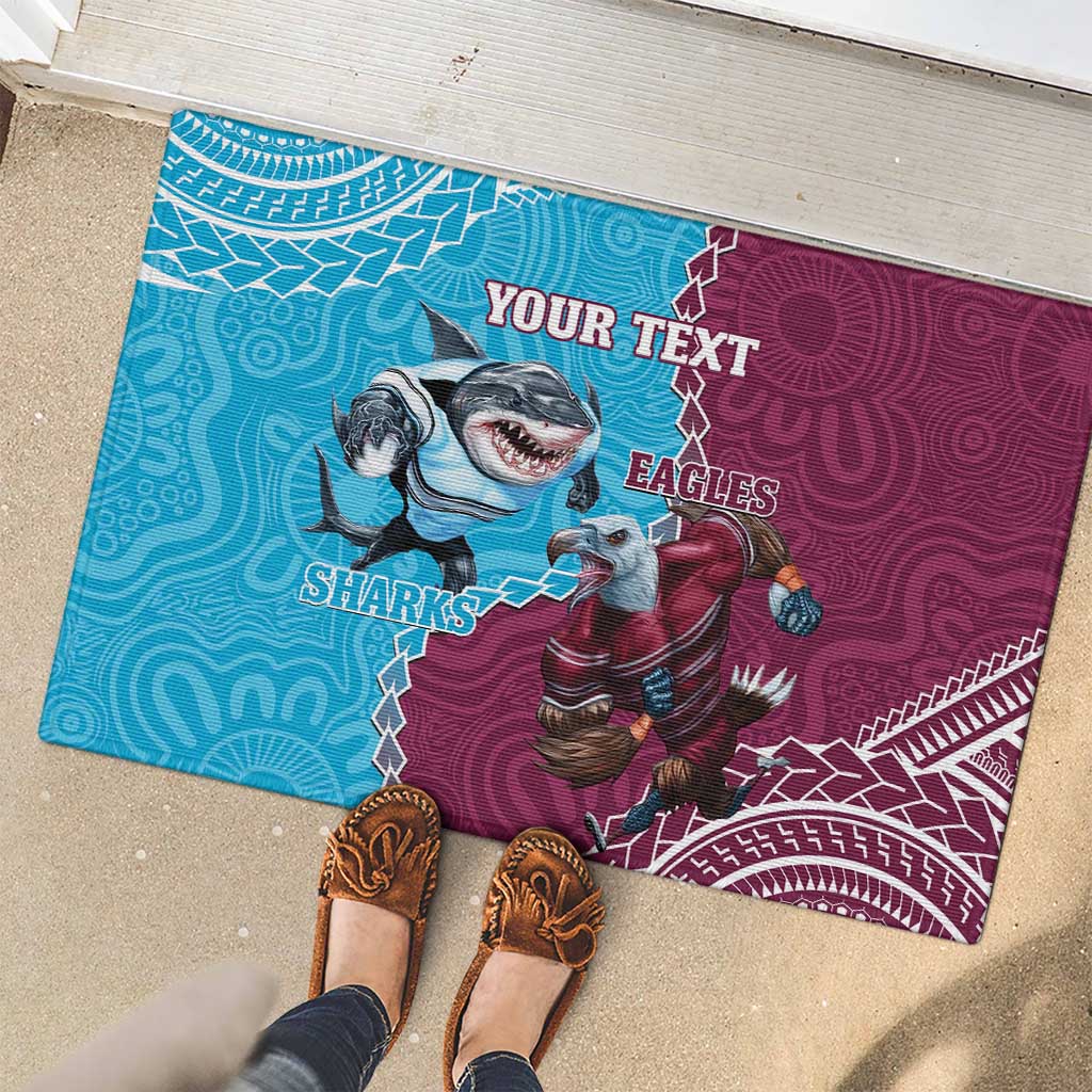 Personalised Eagles And Sharks Rugby Rubber Doormat Aboriginal Mix Polynesian Pattern
