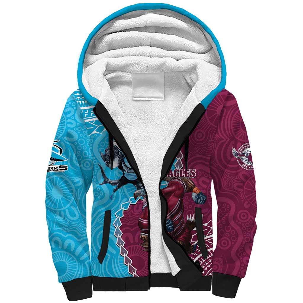 Personalised Eagles And Sharks Rugby Sherpa Hoodie Aboriginal Mix Polynesian Pattern