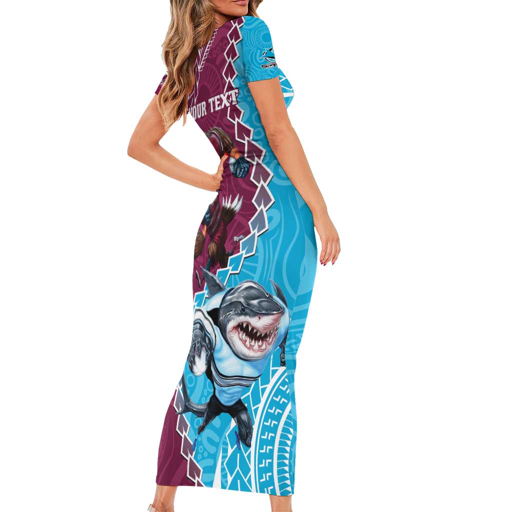 Personalised Eagles And Sharks Rugby Short Sleeve Bodycon Dress Aboriginal Mix Polynesian Pattern