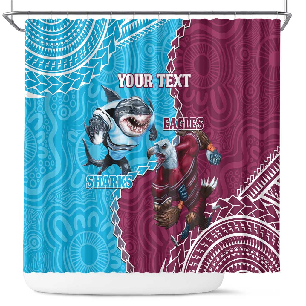 Personalised Eagles And Sharks Rugby Shower Curtain Aboriginal Mix Polynesian Pattern