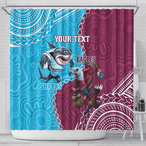 Personalised Eagles And Sharks Rugby Shower Curtain Aboriginal Mix Polynesian Pattern