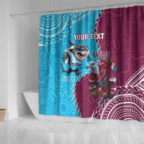Personalised Eagles And Sharks Rugby Shower Curtain Aboriginal Mix Polynesian Pattern