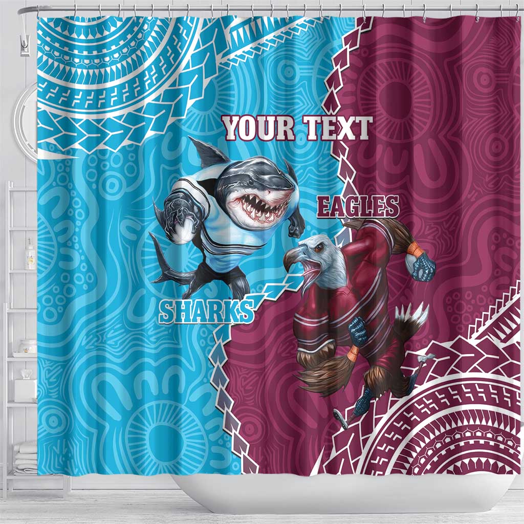 Personalised Eagles And Sharks Rugby Shower Curtain Aboriginal Mix Polynesian Pattern