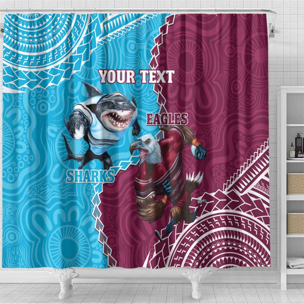 Personalised Eagles And Sharks Rugby Shower Curtain Aboriginal Mix Polynesian Pattern
