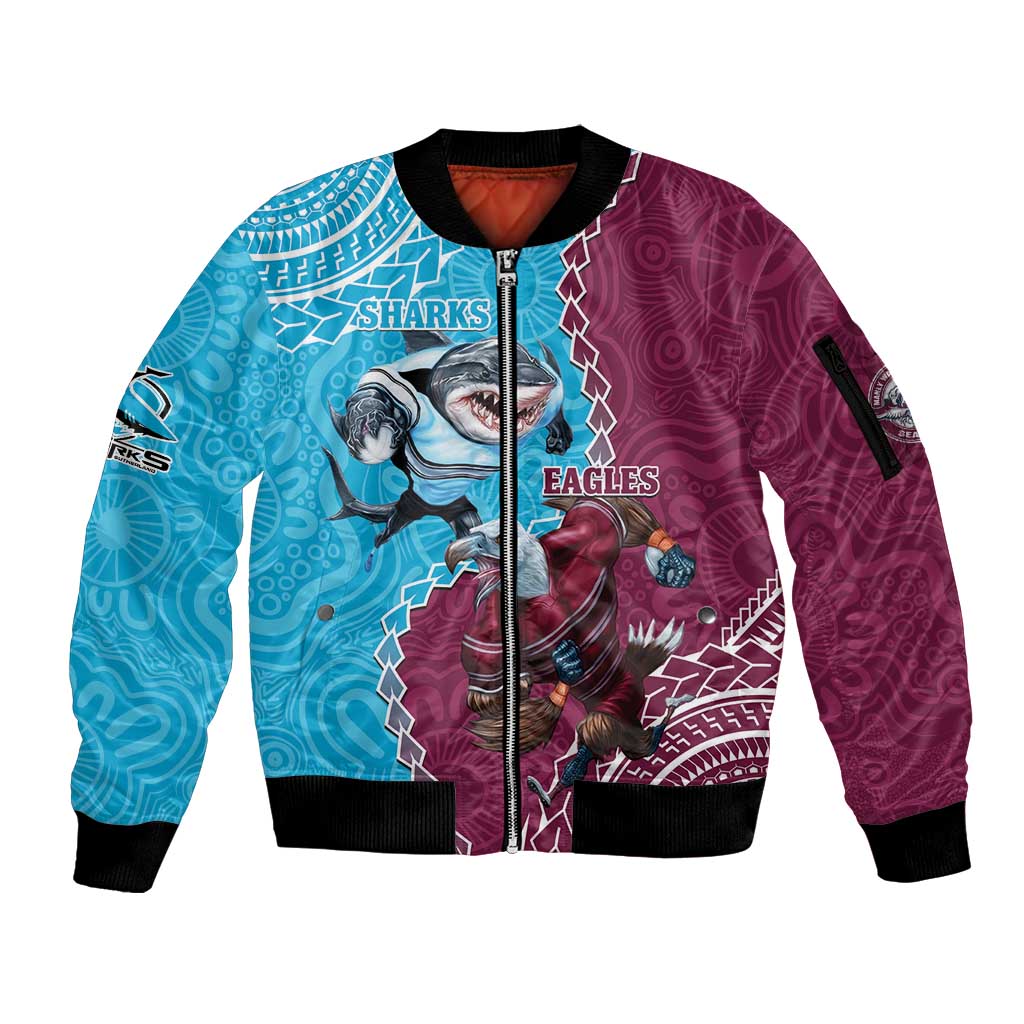 Personalised Eagles And Sharks Rugby Sleeve Zip Bomber Jacket Aboriginal Mix Polynesian Pattern