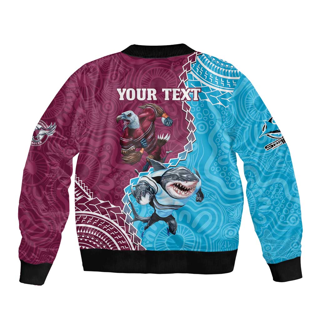 Personalised Eagles And Sharks Rugby Sleeve Zip Bomber Jacket Aboriginal Mix Polynesian Pattern