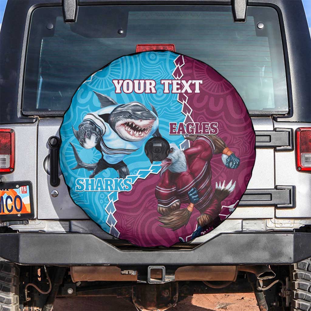 Personalised Eagles And Sharks Rugby Spare Tire Cover Aboriginal Mix Polynesian Pattern