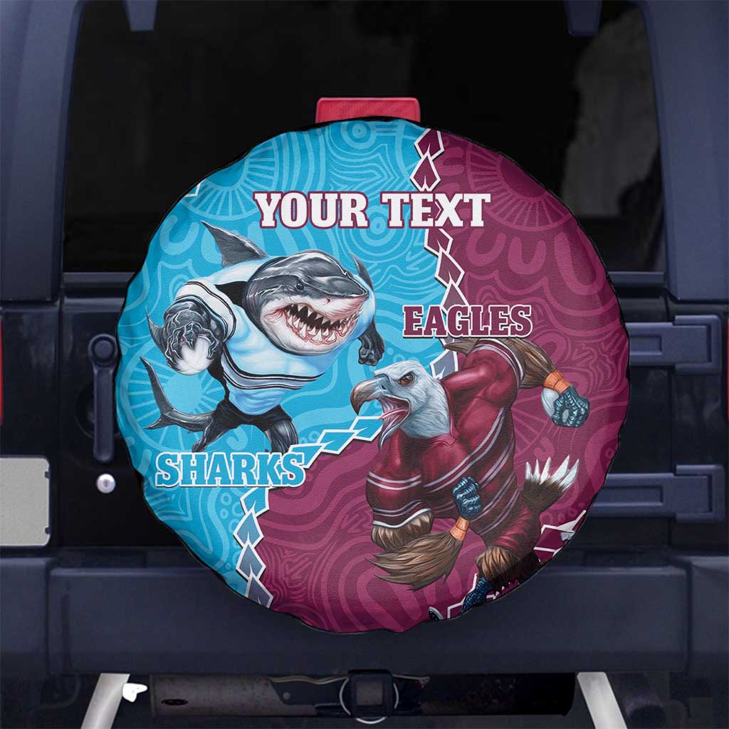 Personalised Eagles And Sharks Rugby Spare Tire Cover Aboriginal Mix Polynesian Pattern