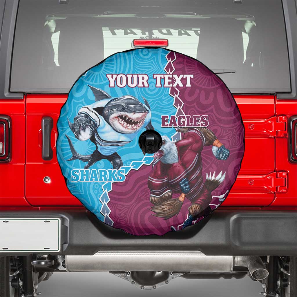 Personalised Eagles And Sharks Rugby Spare Tire Cover Aboriginal Mix Polynesian Pattern