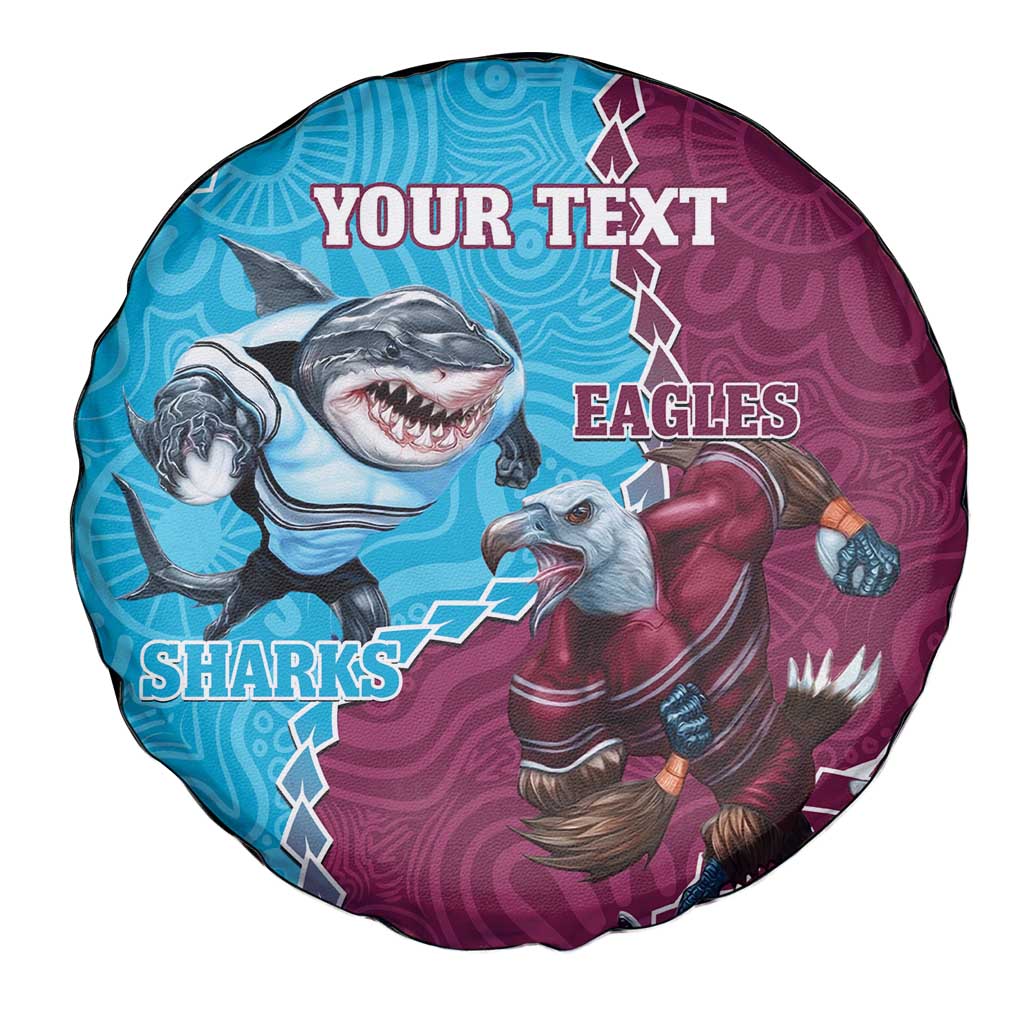 Personalised Eagles And Sharks Rugby Spare Tire Cover Aboriginal Mix Polynesian Pattern
