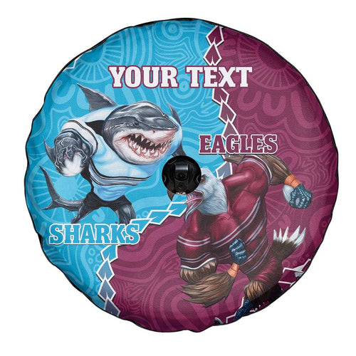 Personalised Eagles And Sharks Rugby Spare Tire Cover Aboriginal Mix Polynesian Pattern