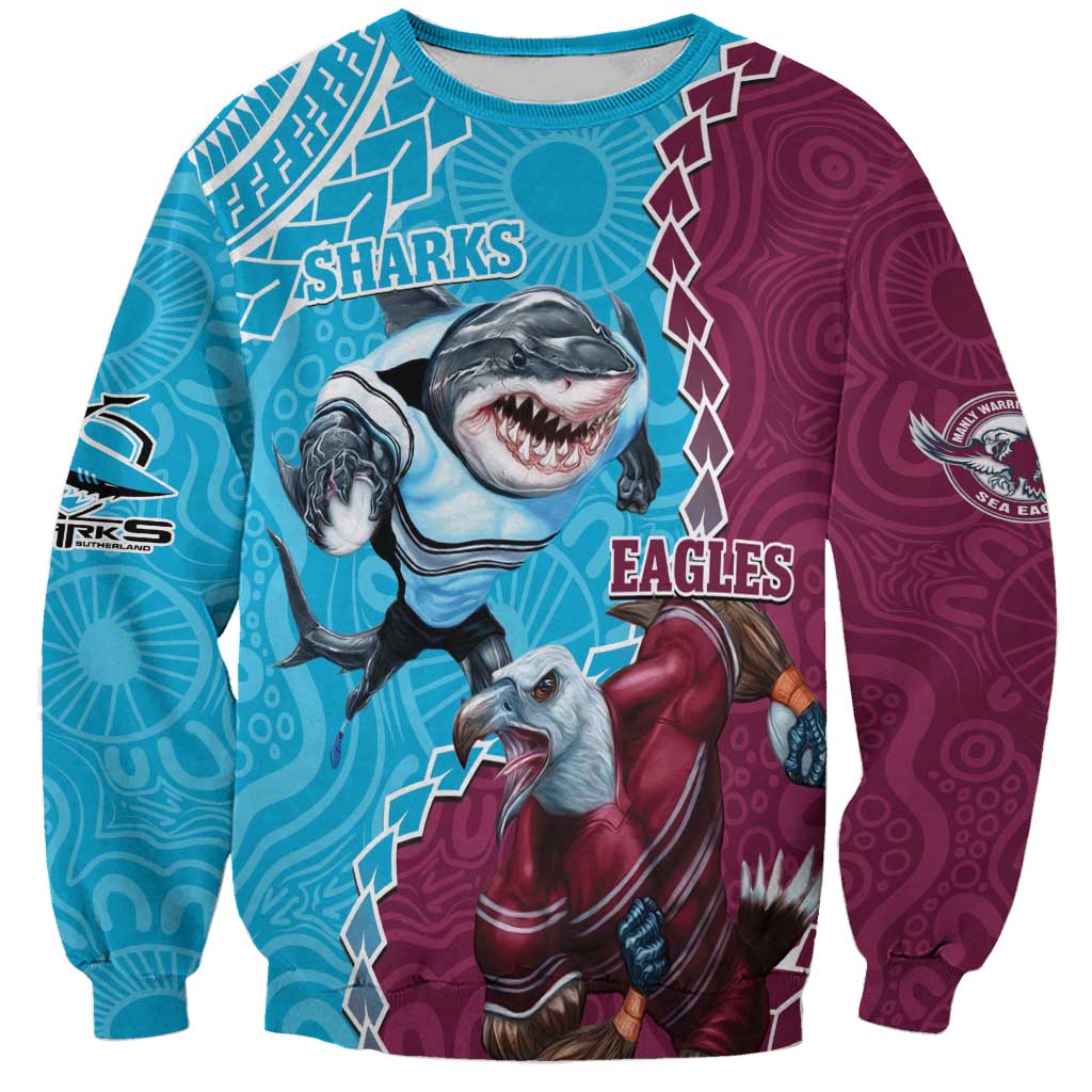 Personalised Eagles And Sharks Rugby Sweatshirt Aboriginal Mix Polynesian Pattern