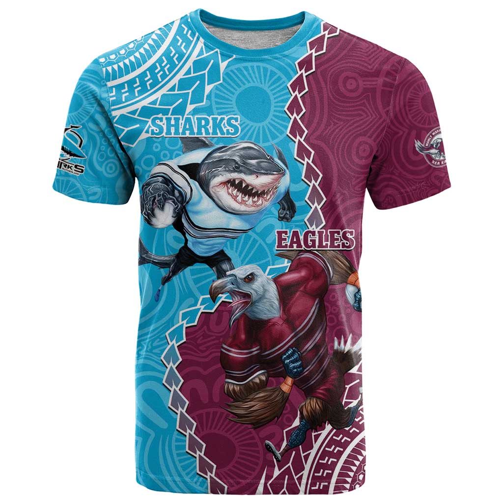 Personalised Eagles And Sharks Rugby T Shirt Aboriginal Mix Polynesian Pattern