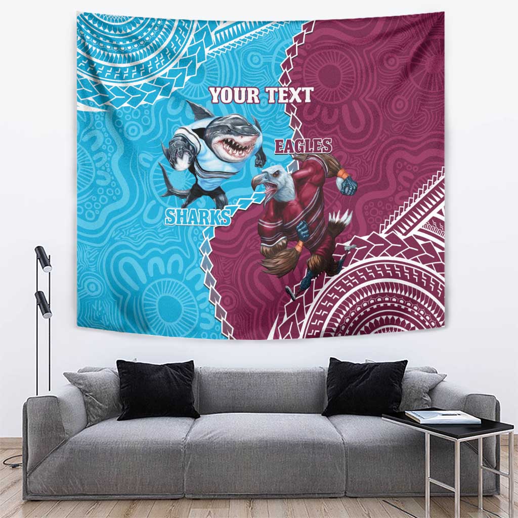 Personalised Eagles And Sharks Rugby Tapestry Aboriginal Mix Polynesian Pattern