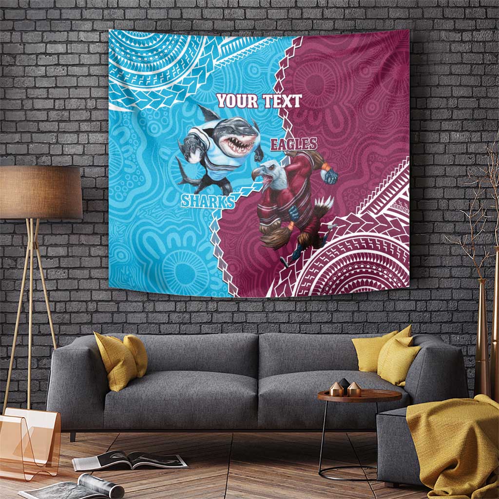 Personalised Eagles And Sharks Rugby Tapestry Aboriginal Mix Polynesian Pattern