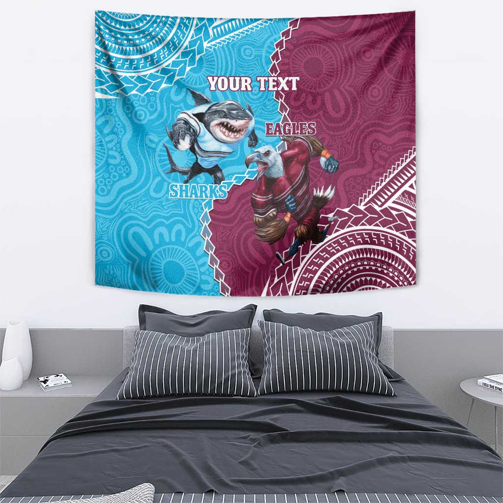 Personalised Eagles And Sharks Rugby Tapestry Aboriginal Mix Polynesian Pattern