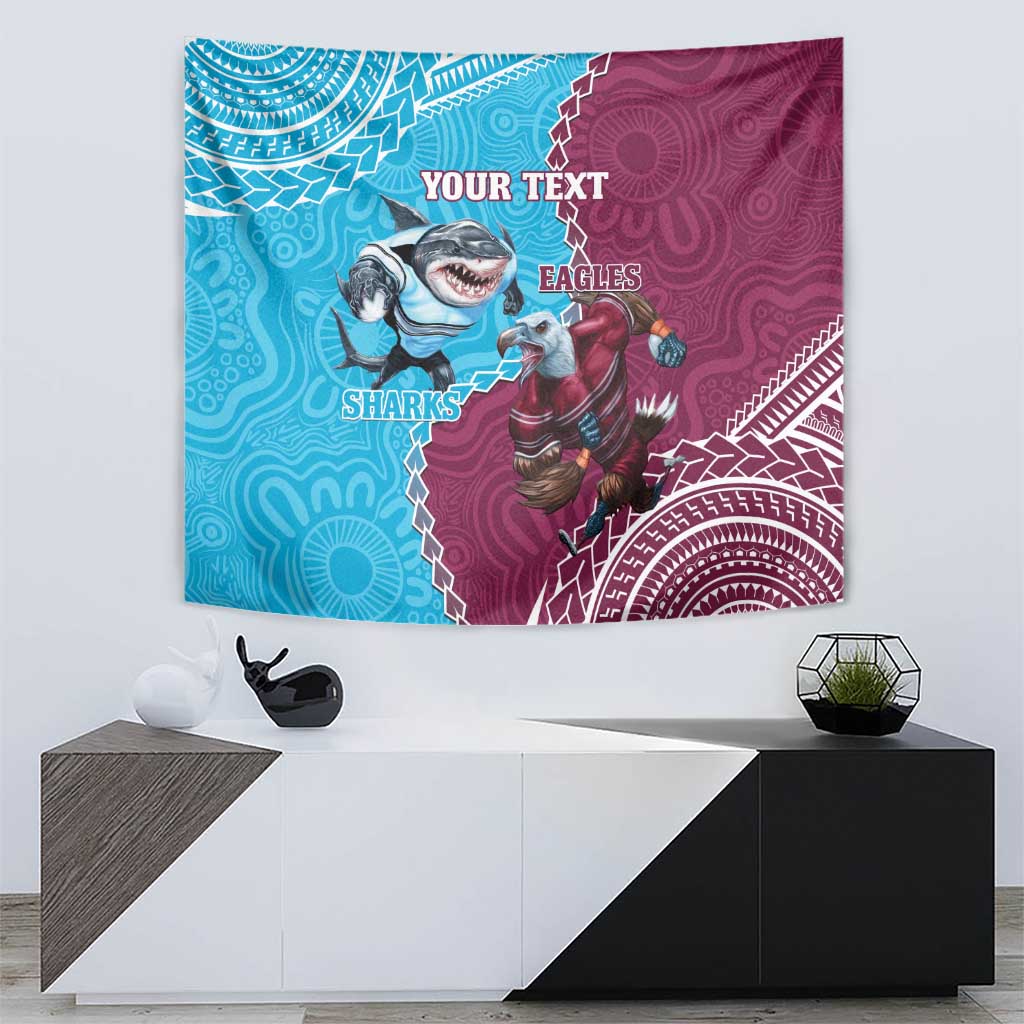Personalised Eagles And Sharks Rugby Tapestry Aboriginal Mix Polynesian Pattern