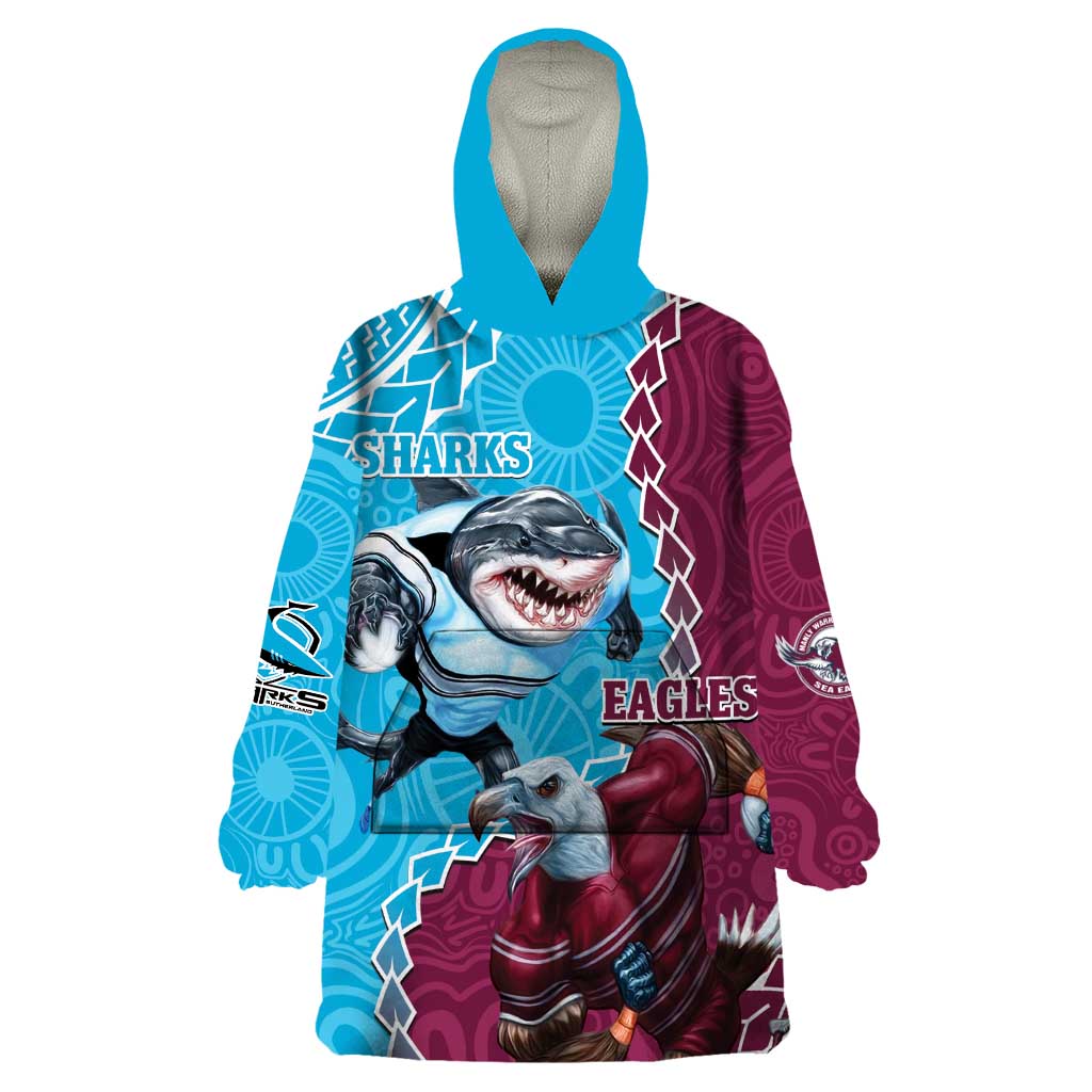 Personalised Eagles And Sharks Rugby Wearable Blanket Hoodie Aboriginal Mix Polynesian Pattern