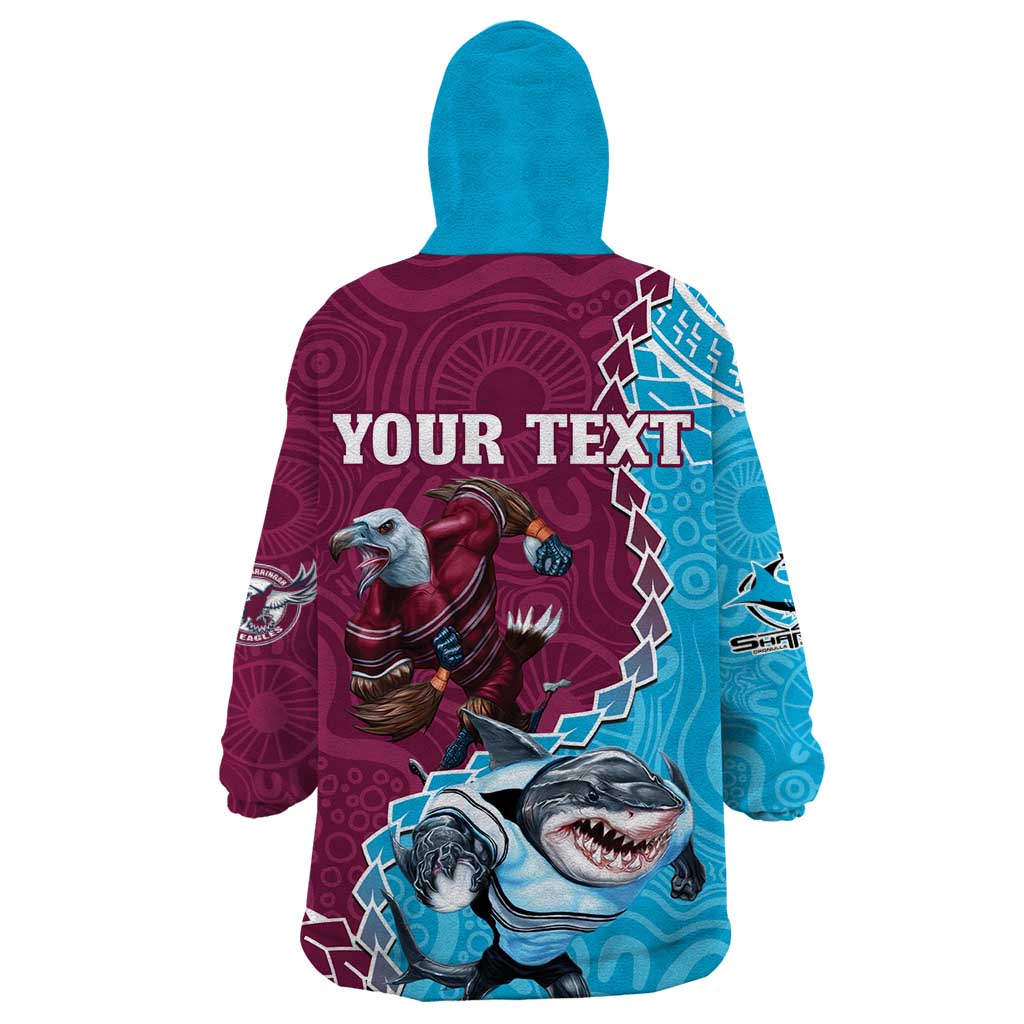 Personalised Eagles And Sharks Rugby Wearable Blanket Hoodie Aboriginal Mix Polynesian Pattern
