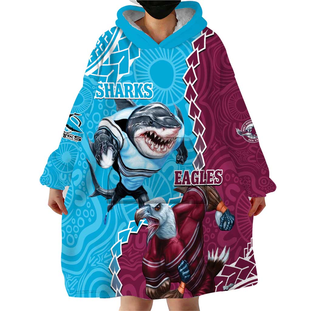 Personalised Eagles And Sharks Rugby Wearable Blanket Hoodie Aboriginal Mix Polynesian Pattern