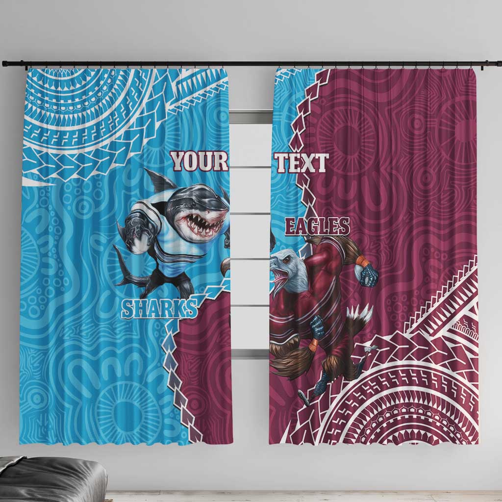 Personalised Eagles And Sharks Rugby Window Curtain Aboriginal Mix Polynesian Pattern