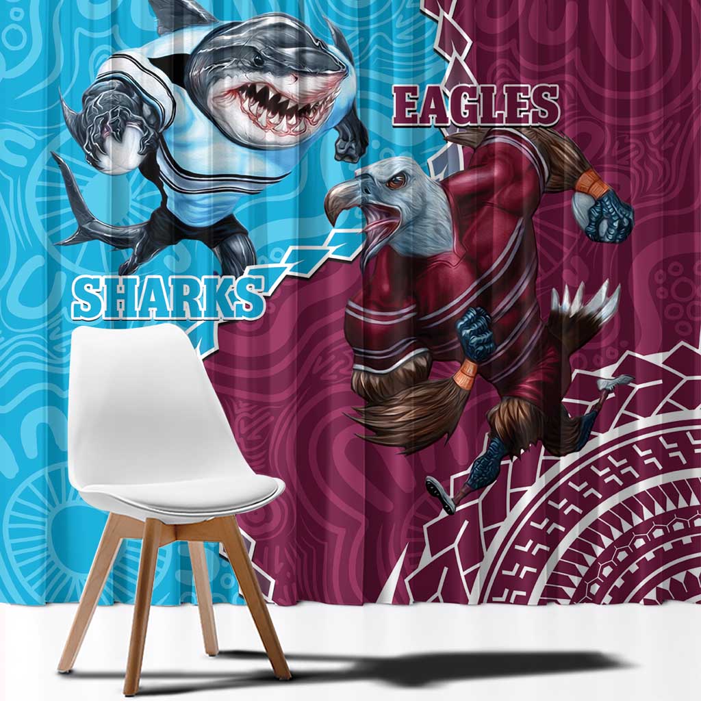 Personalised Eagles And Sharks Rugby Window Curtain Aboriginal Mix Polynesian Pattern