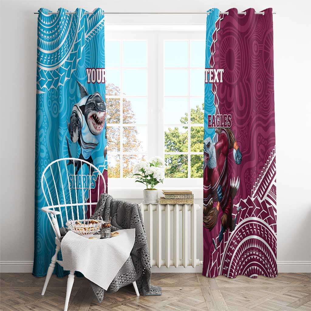 Personalised Eagles And Sharks Rugby Window Curtain Aboriginal Mix Polynesian Pattern