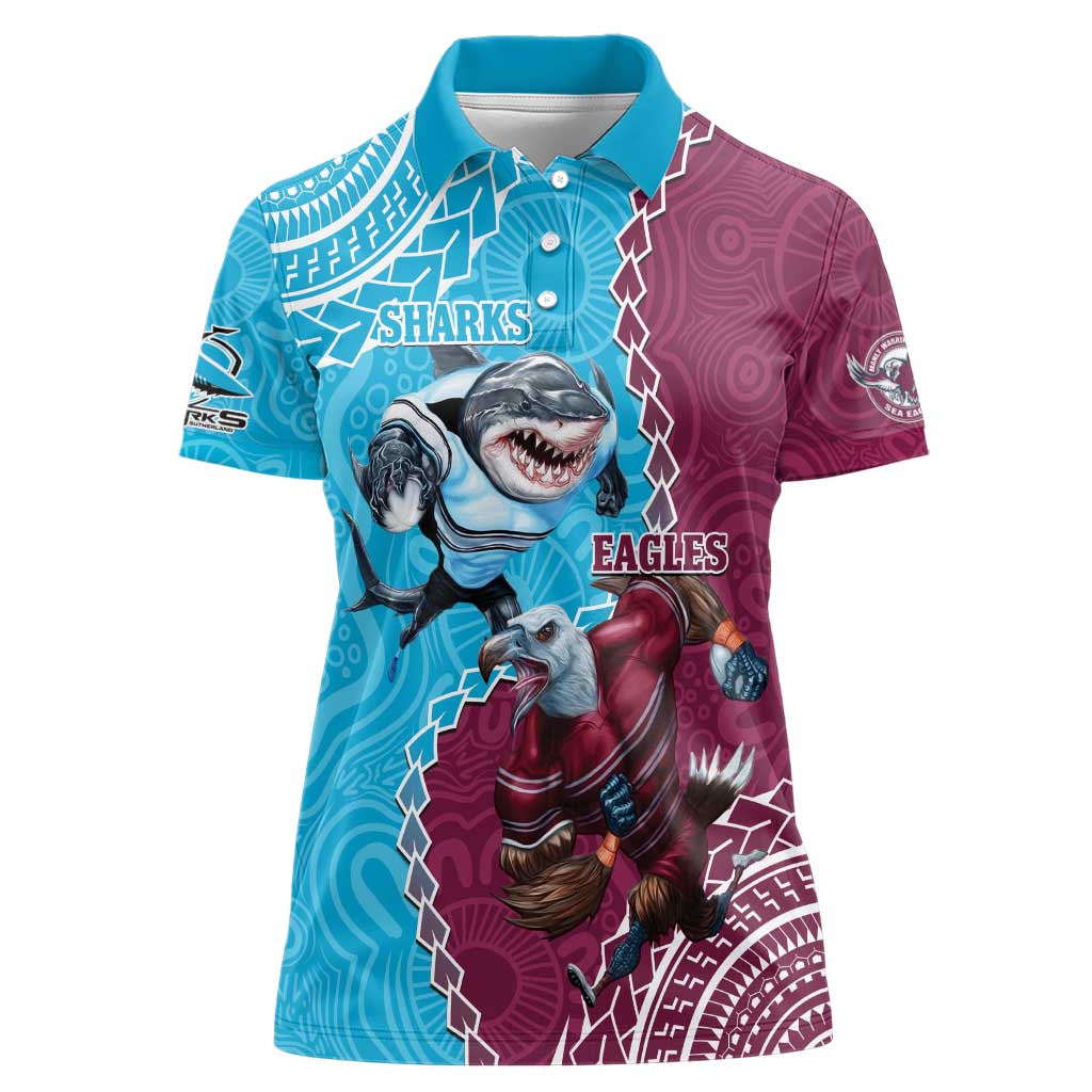 Personalised Eagles And Sharks Rugby Women Polo Shirt Aboriginal Mix Polynesian Pattern